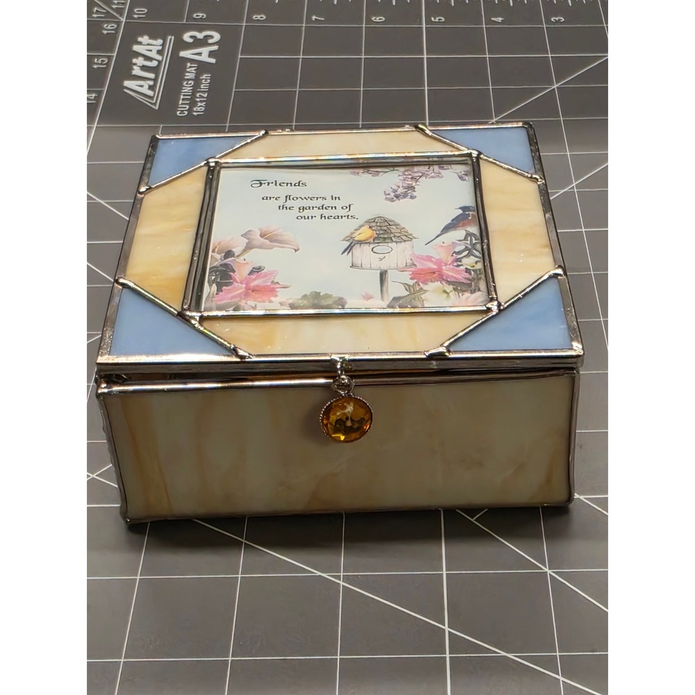 Vintage Stained Glass Jewelry Box Friends Sentiment Slag Glass Mirrored 48100